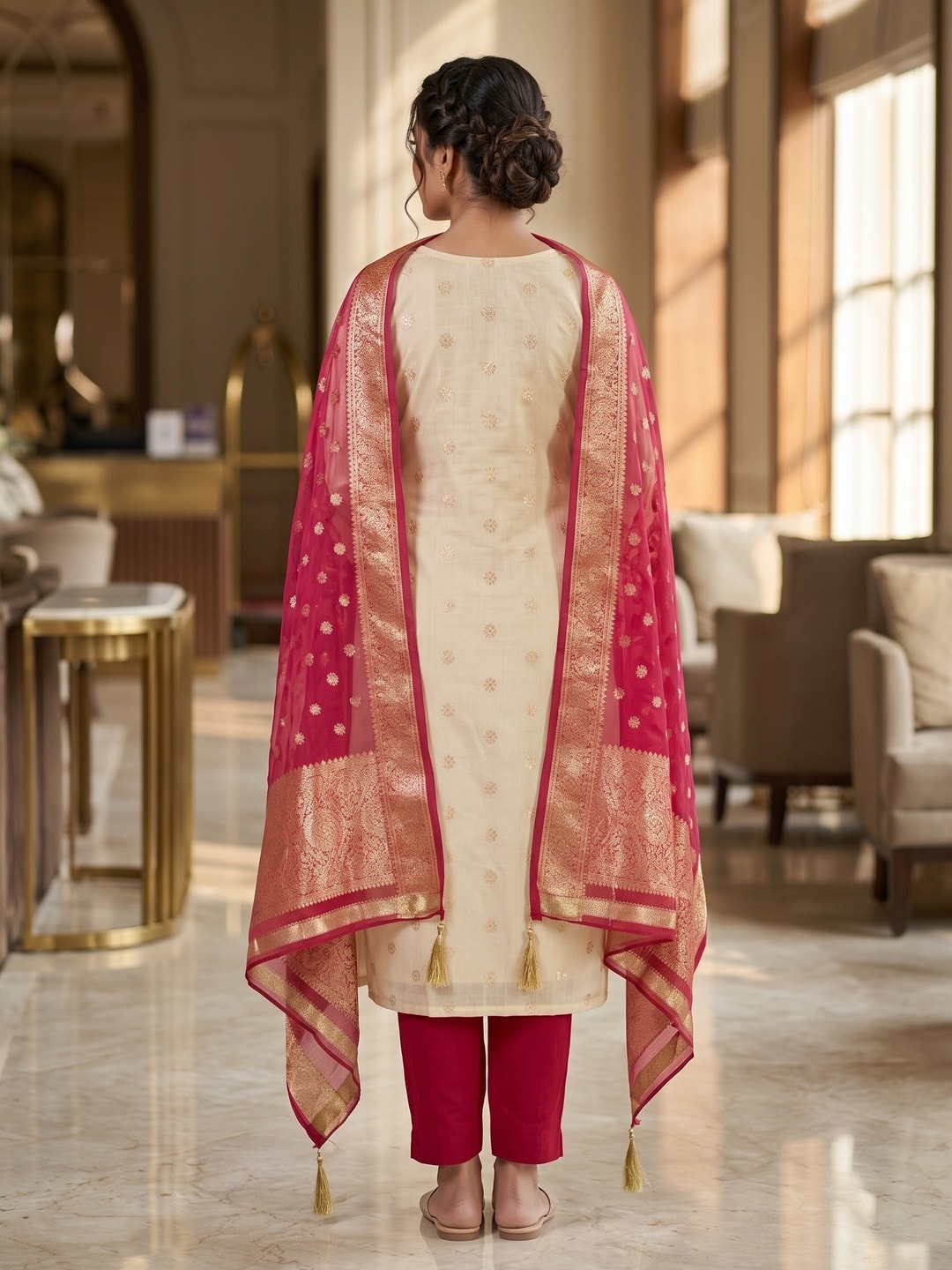Peachmode Red Butti Weaving Shimmer Unstitched Dress Material With Cording Embroidery On Neck - Image 3