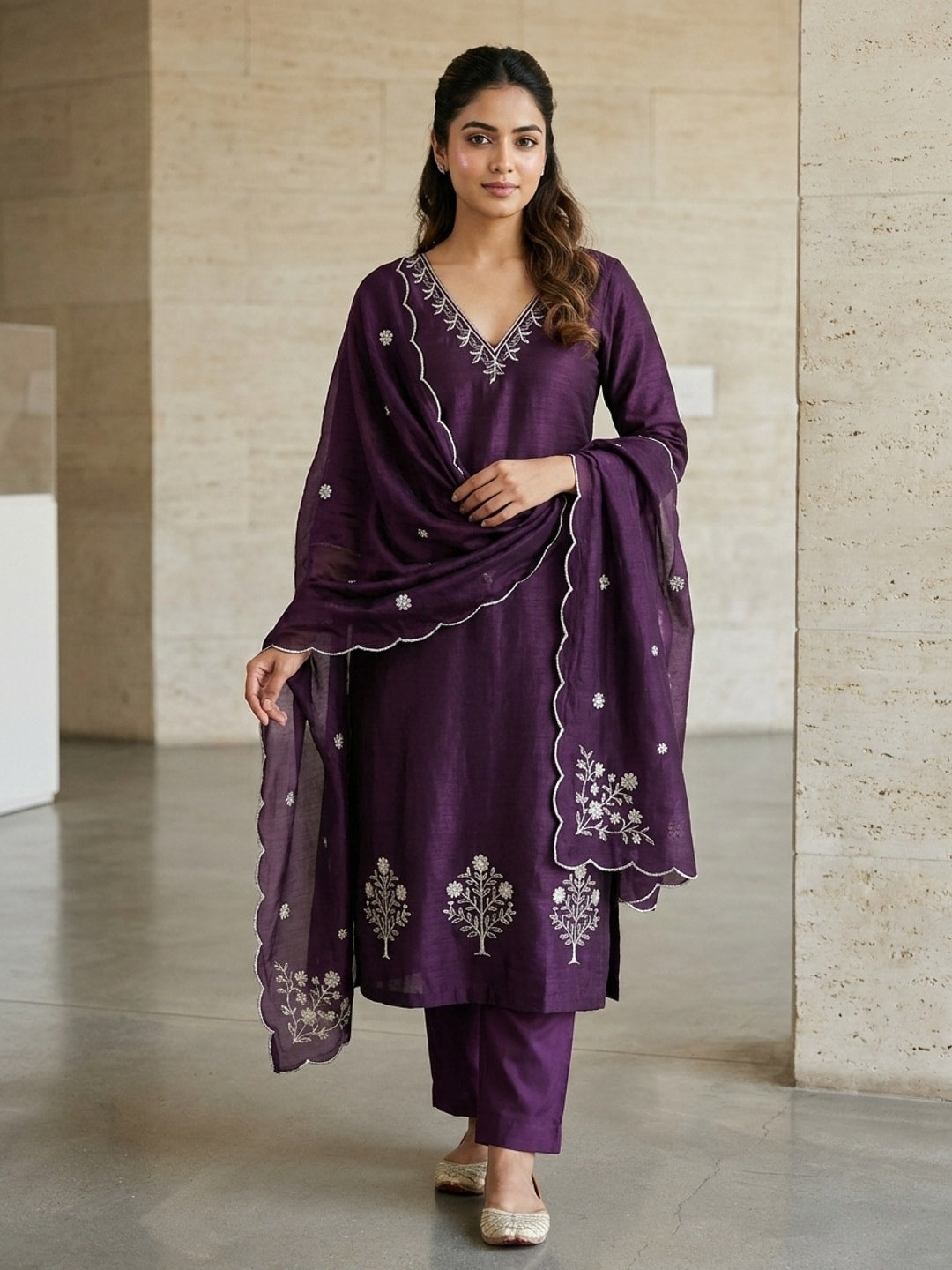 Peachmode Purple Vichitra Silk Unstitched Dress Material With V-Neck Floral Embroidery - Image 2