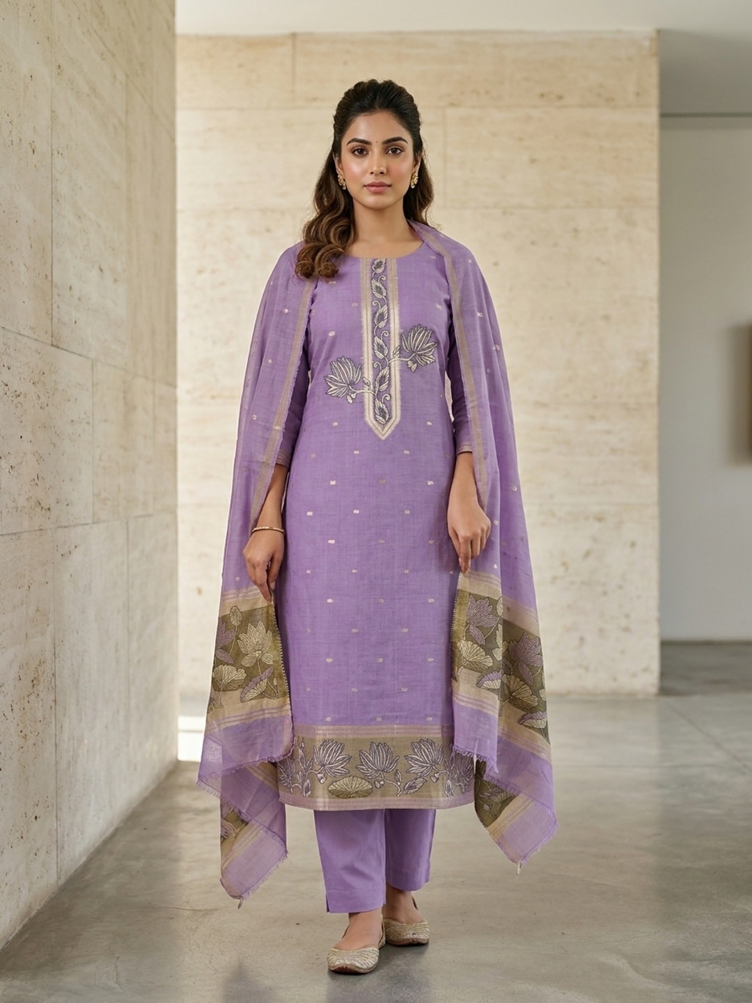 Peachmode Lavender Muga Cotton Unstitched Dress Material With Jamdani Pichwai Weaving - Image 2
