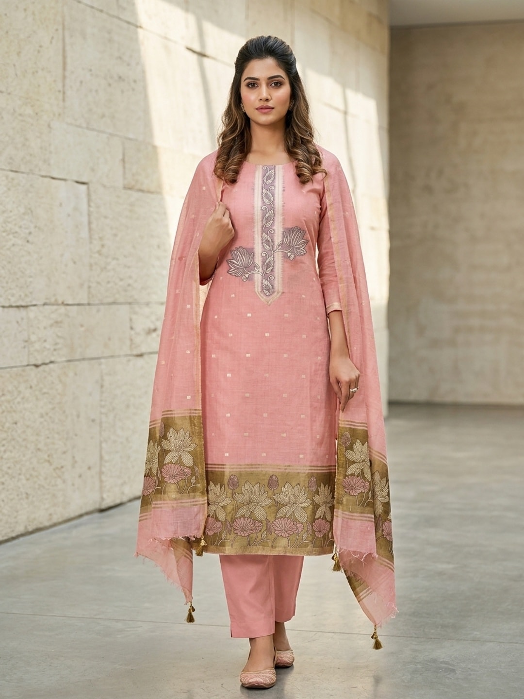 Peachmode Peach Muga Cotton Unstitched Dress Material With Jamdani Pichwai Weaving - Image 2