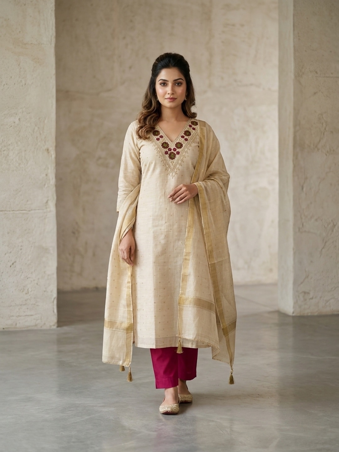 Peachmode Magenta Jamdani Cotton Unstitched Dress Material With V-Neck Floral Embroidery - Image 2