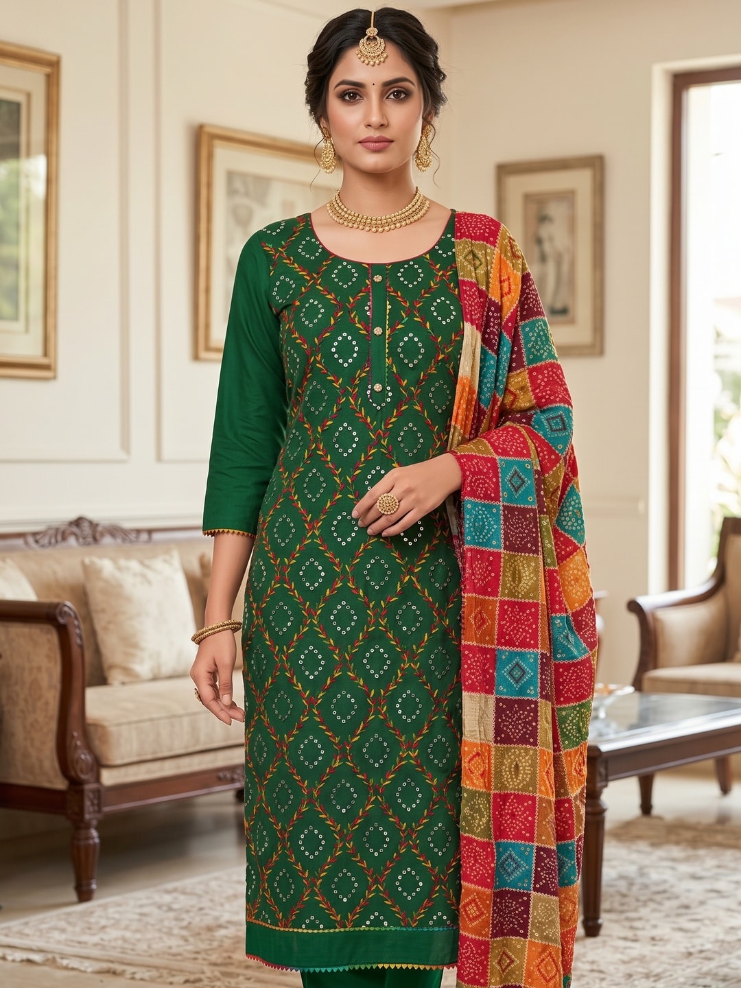Peachmode Green Cotton Unstitched Dress Material With Mirror Work And Bandhani Print Dupatta - Image 4