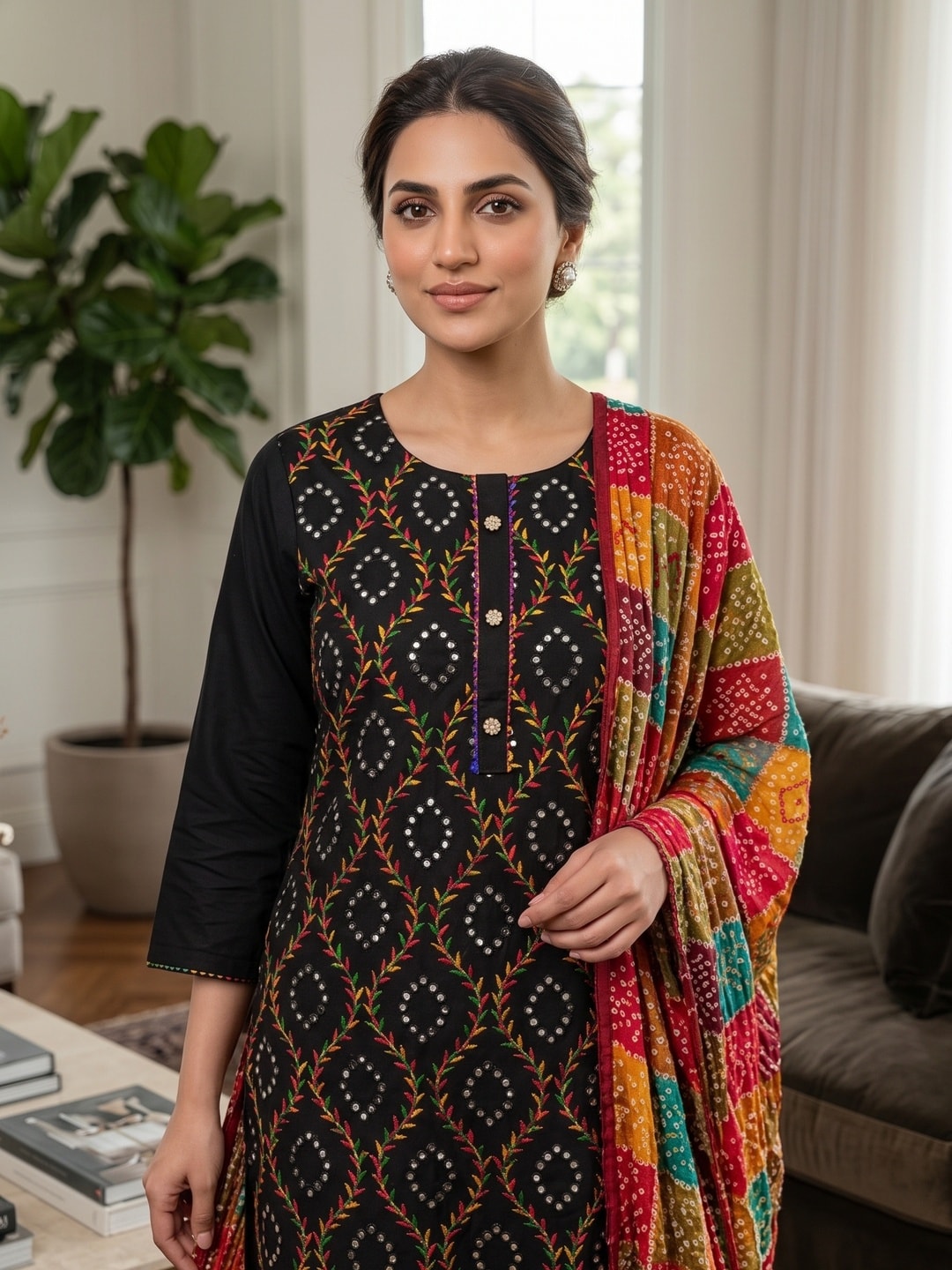 Peachmode Black Cotton Unstitched Dress Material With Mirror Work And Bandhani Print Dupatta - Image 4