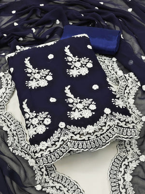 Peachmode Navy Blue Georgette Unstitched Dress Material With White Thread Embroidery - Image 1