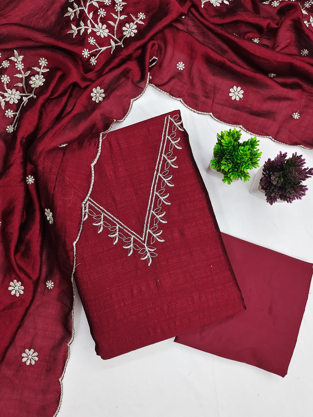 Peachmode Maroon Vichitra Silk Unstitched Dress Material With V-Neck Floral Embroidery - Image 1