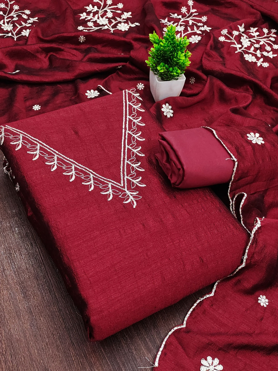 Peachmode Maroon Vichitra Silk Unstitched Dress Material With V-Neck Floral Embroidery - Image 5