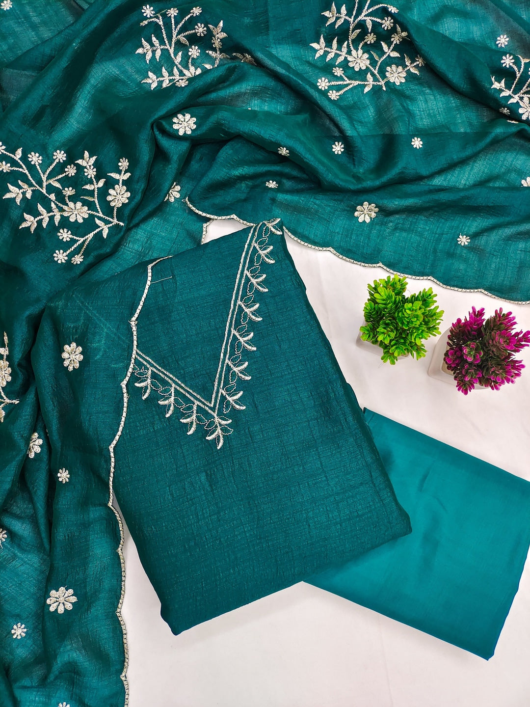 Peachmode Teal Vichitra Silk Unstitched Dress Material With V-Neck Floral Embroidery - Image 1