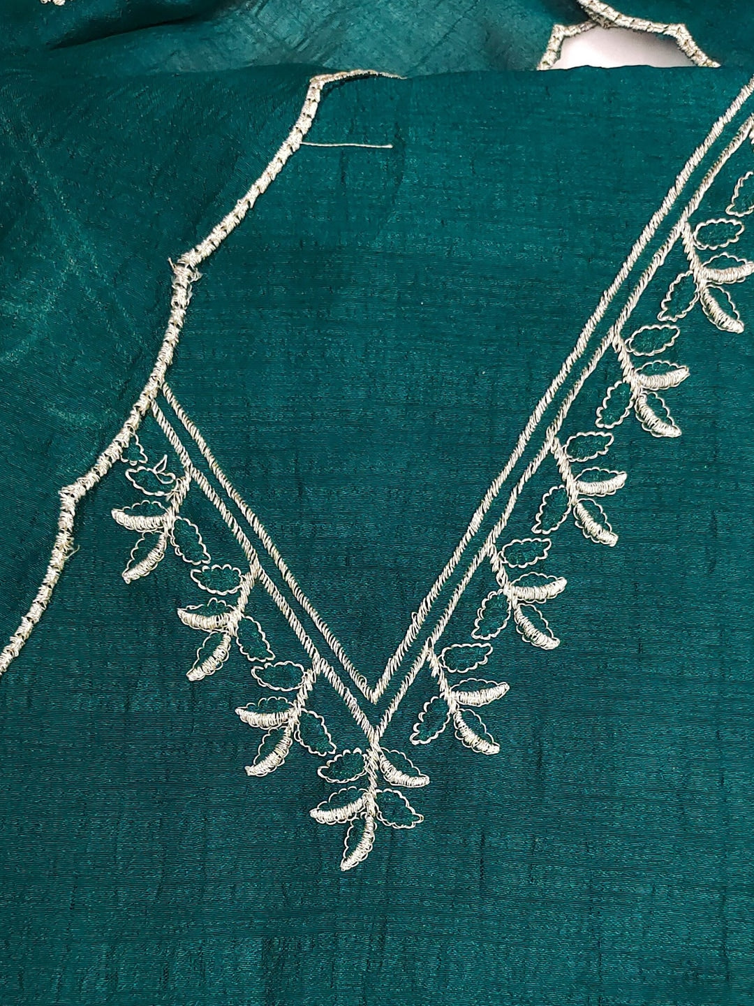 Peachmode Teal Vichitra Silk Unstitched Dress Material With V-Neck Floral Embroidery - Image 6