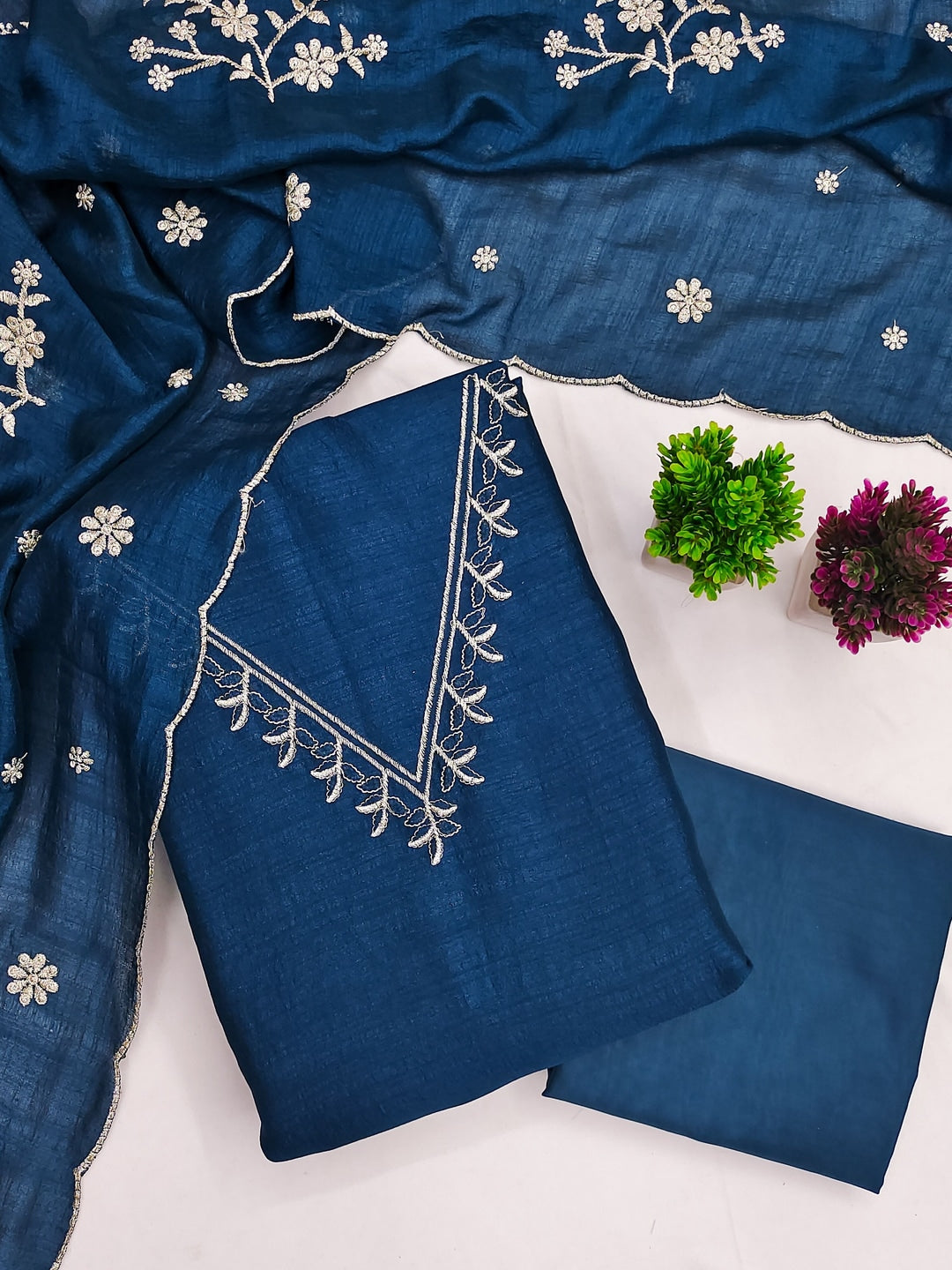 Peachmode Blue Vichitra Silk Unstitched Dress Material With V-Neck Floral Embroidery - Image 1