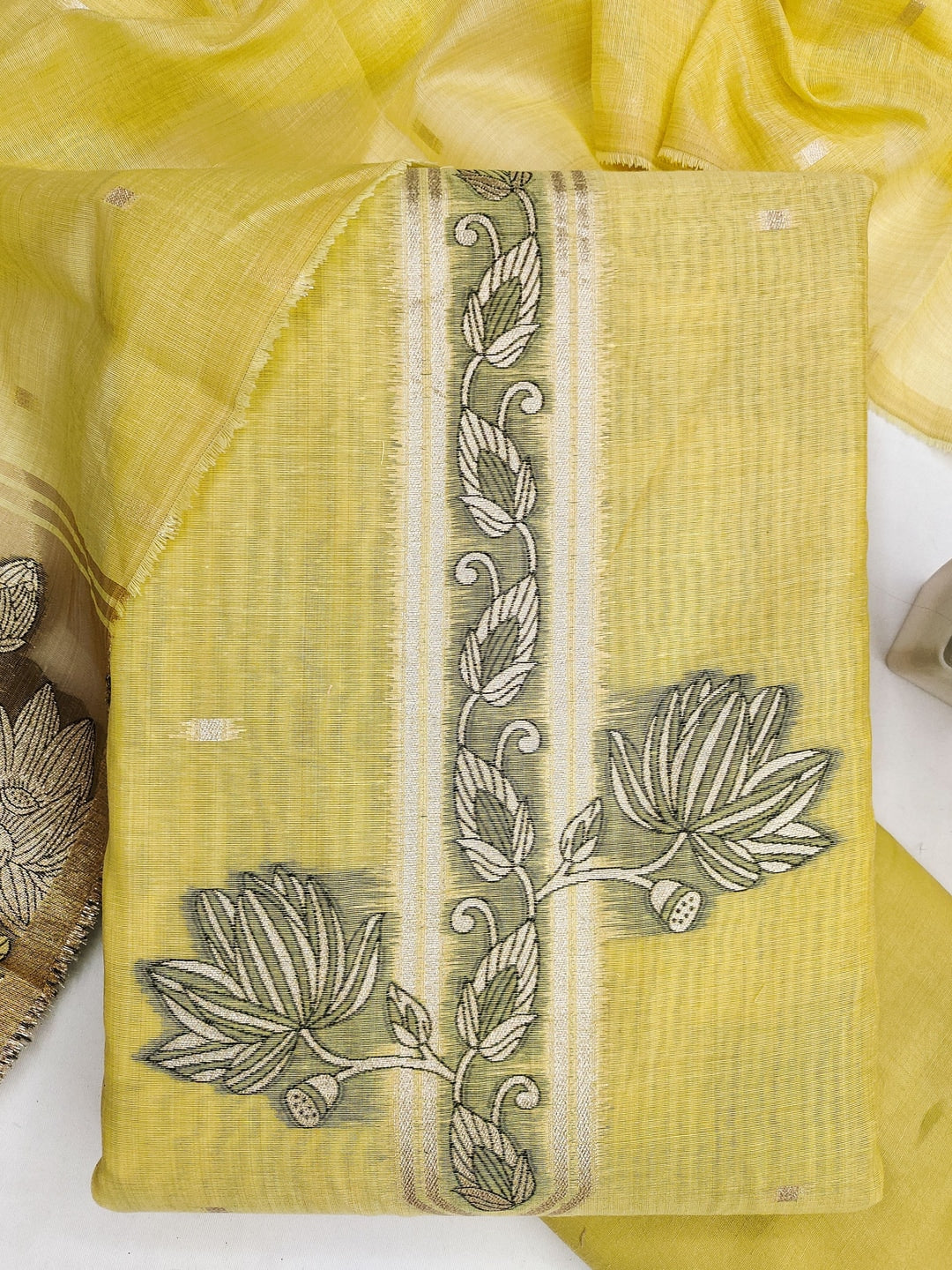 Peachmode Yellow Muga Cotton Unstitched Dress Material With Jamdani Pichwai Weaving - Image 2