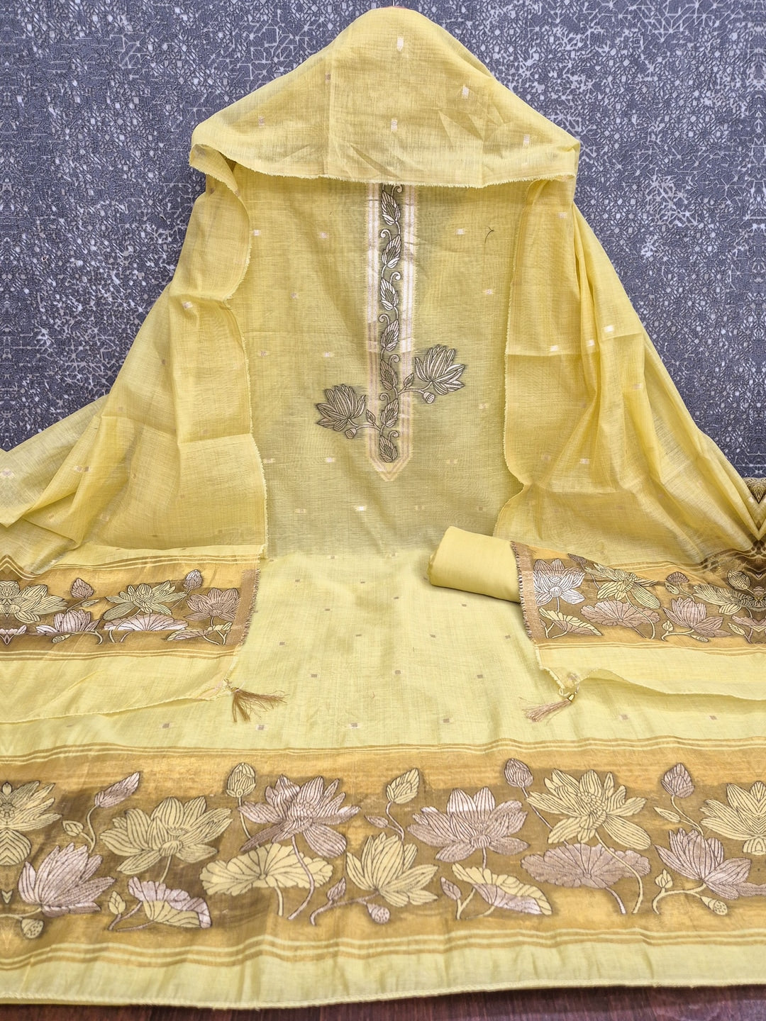 Peachmode Yellow Muga Cotton Unstitched Dress Material With Jamdani Pichwai Weaving - Image 3