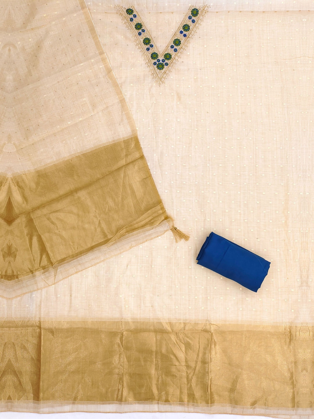 Peachmode Blue Jamdani Cotton Unstitched Dress Material With V-Neck Floral Embroidery - Image 4