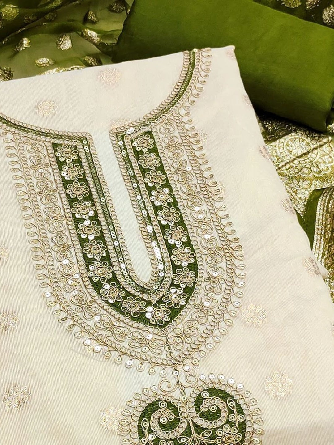 Peachmode Olive Butti Weaving Shimmer Unstitched Dress Material With Cording Embroidery On Neck - Image 2