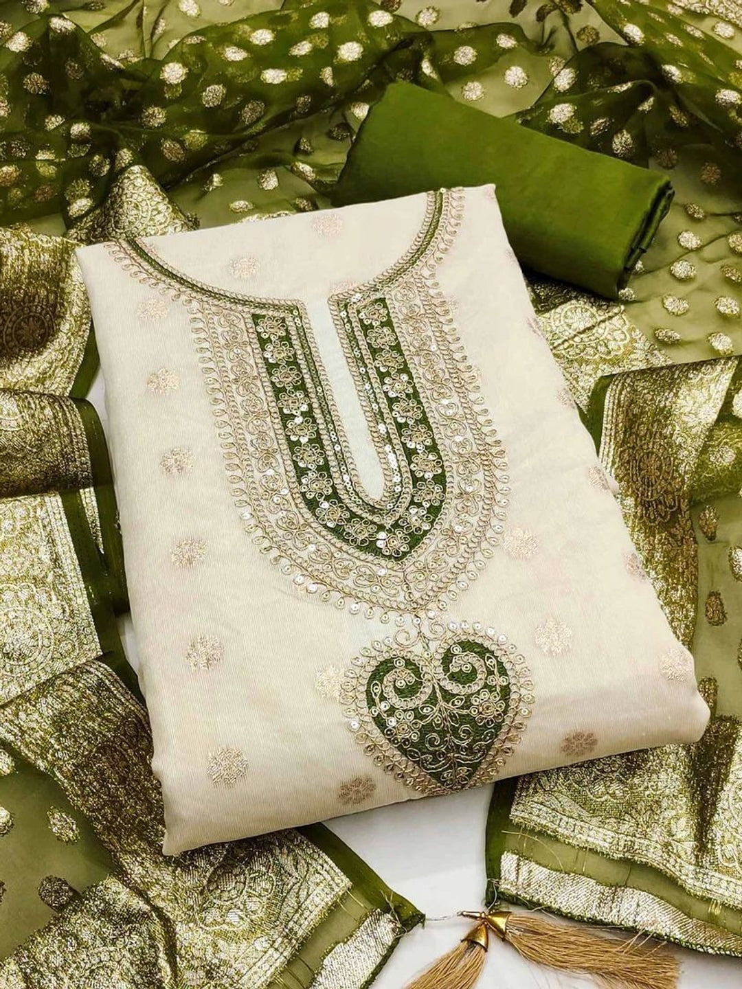 Peachmode Olive Butti Weaving Shimmer Unstitched Dress Material With Cording Embroidery On Neck - Image 3