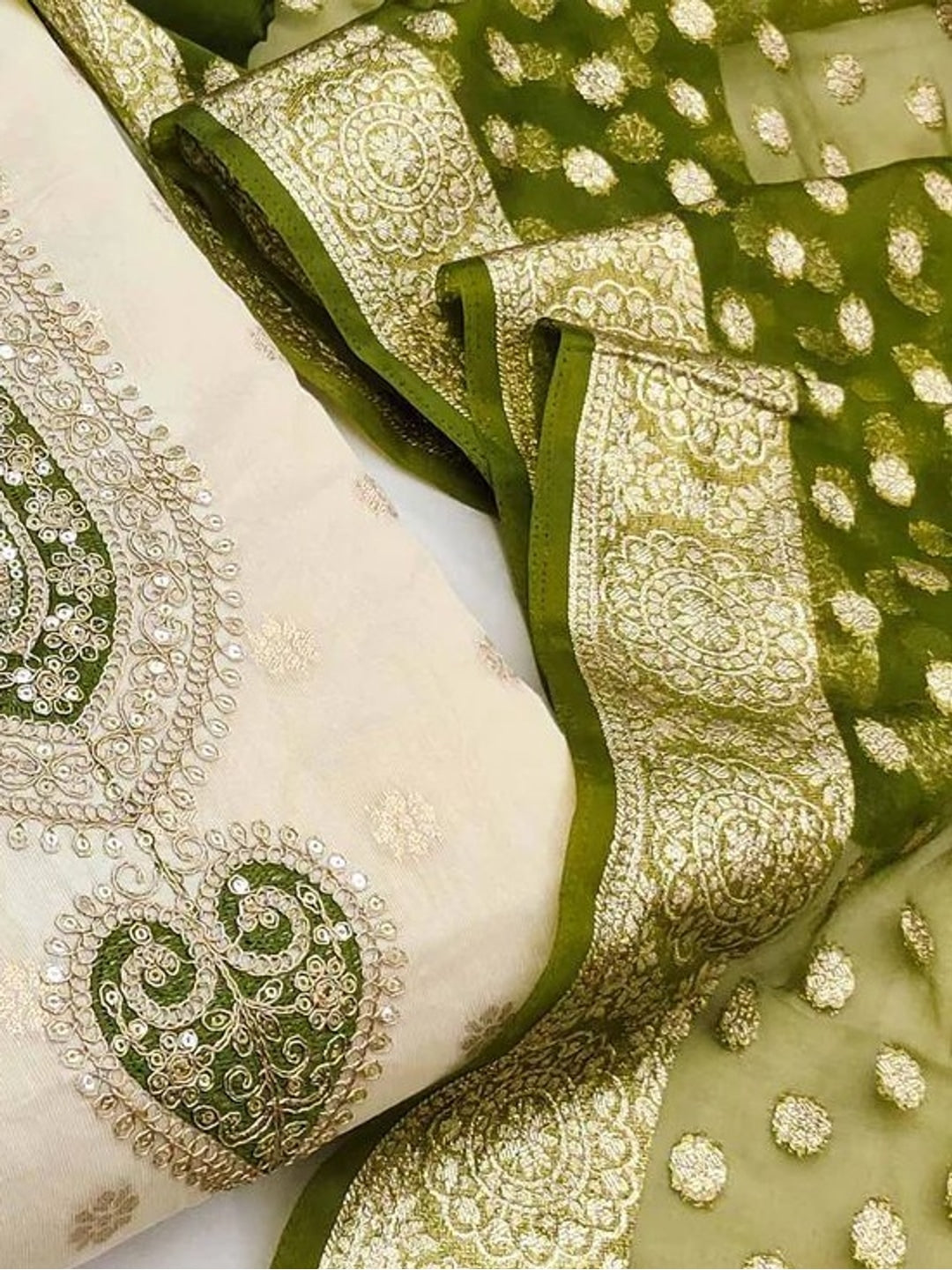 Peachmode Olive Butti Weaving Shimmer Unstitched Dress Material With Cording Embroidery On Neck - Image 6