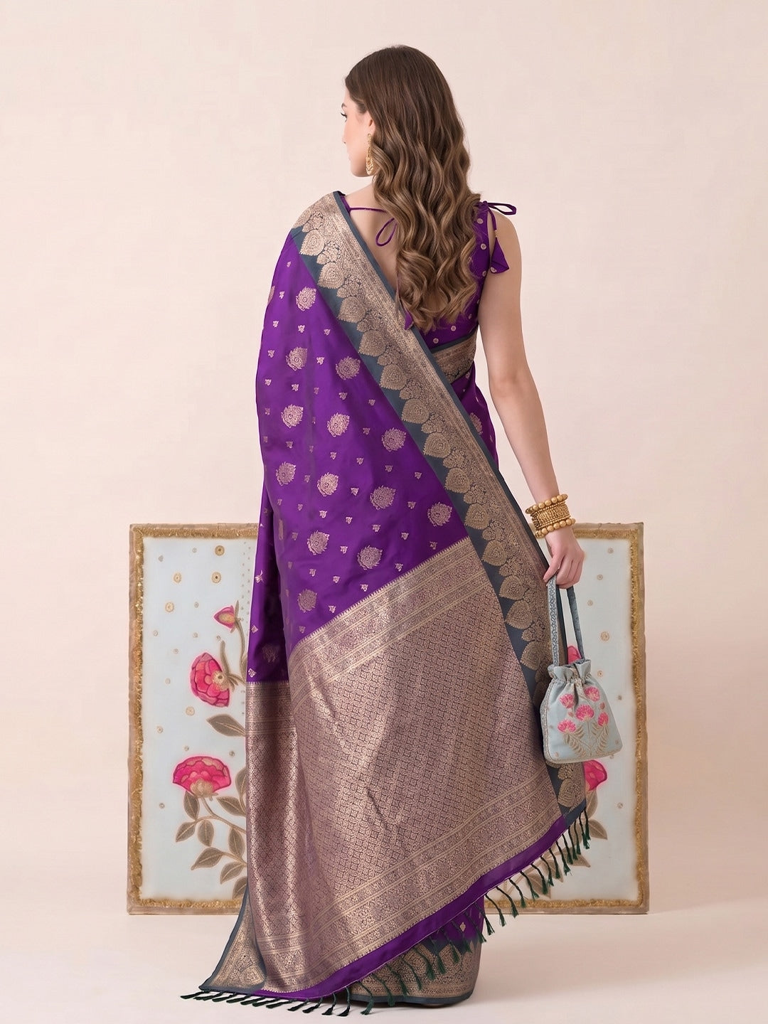 Peachmode Purple Silk Woven Saree - Image 2