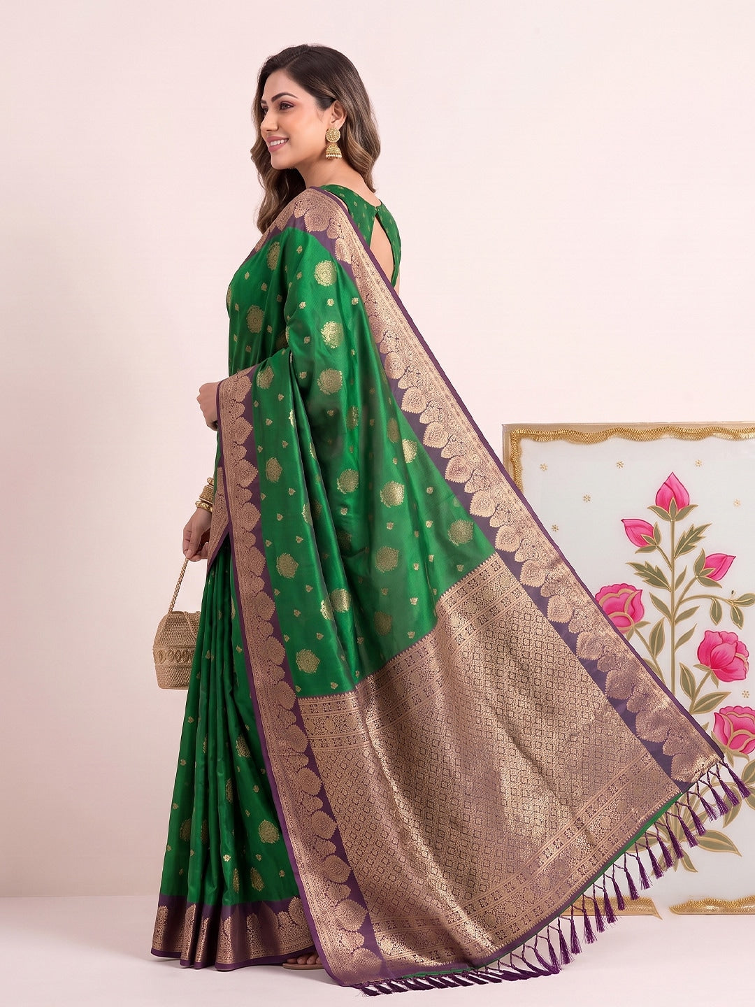 Peachmode Green Silk Woven Saree - Image 3