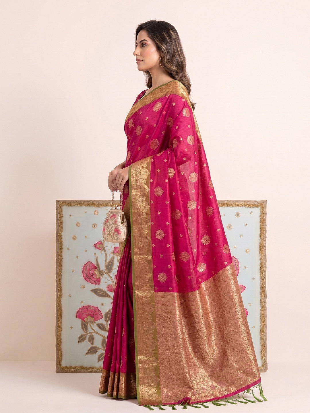 Peachmode Pink Silk Woven Saree - Image 3