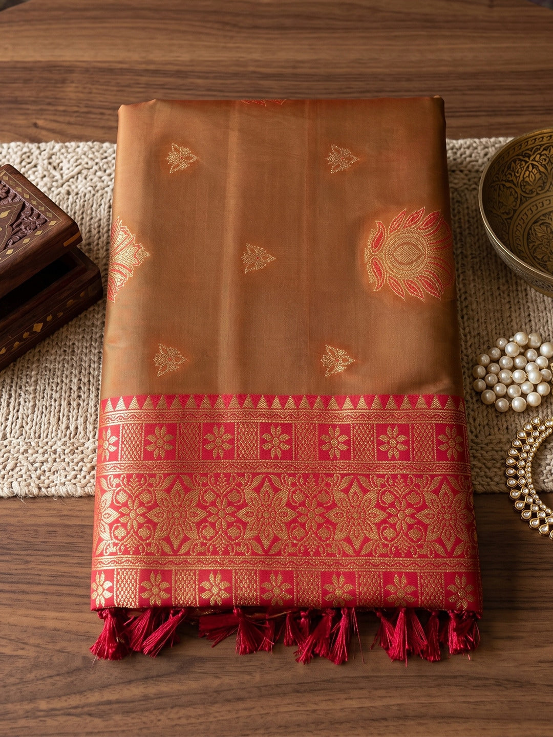 Peachmode Rust Silk Woven Saree - Image 4