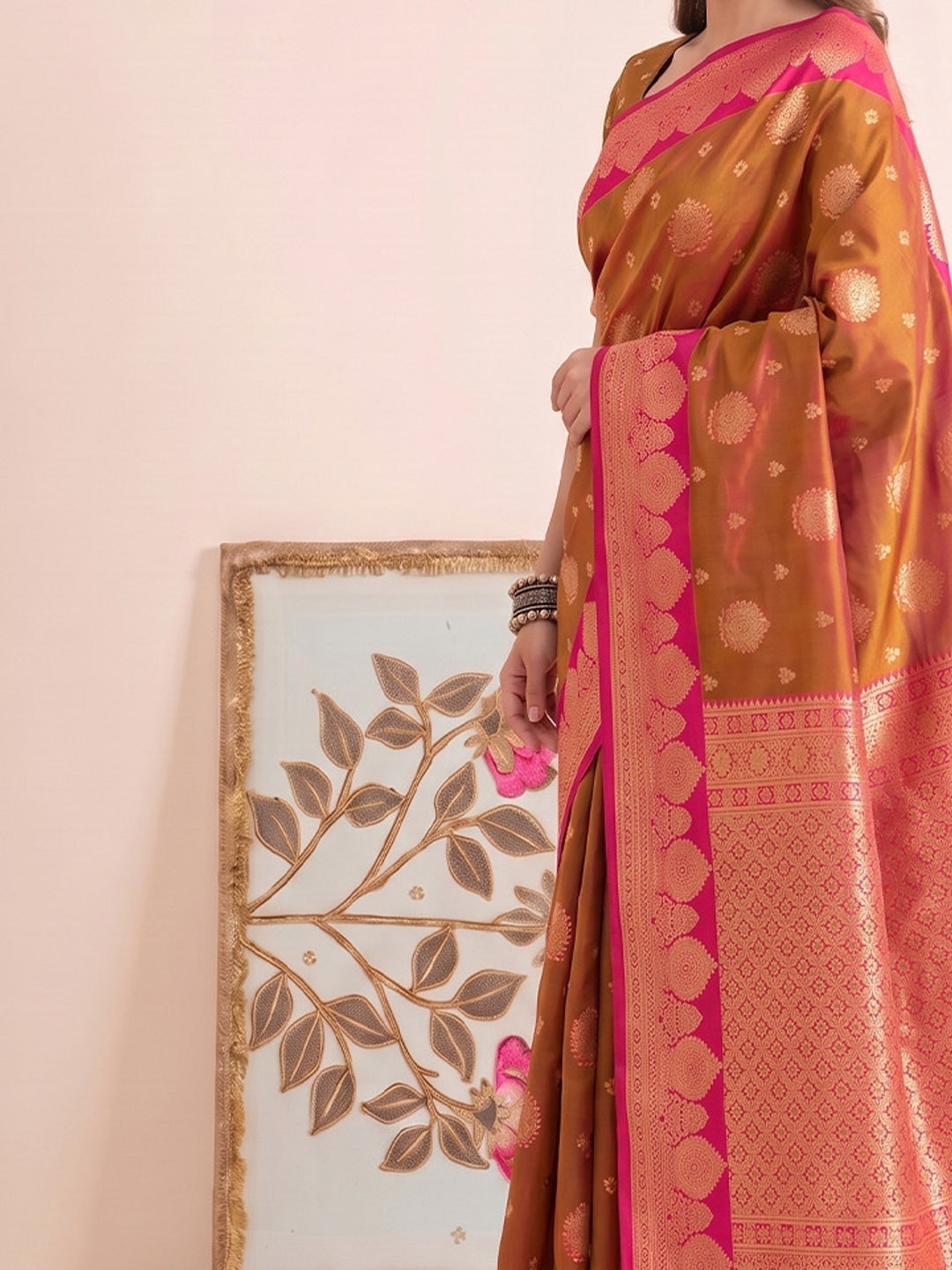 Peachmode Rust Silk Woven Saree - Image 5