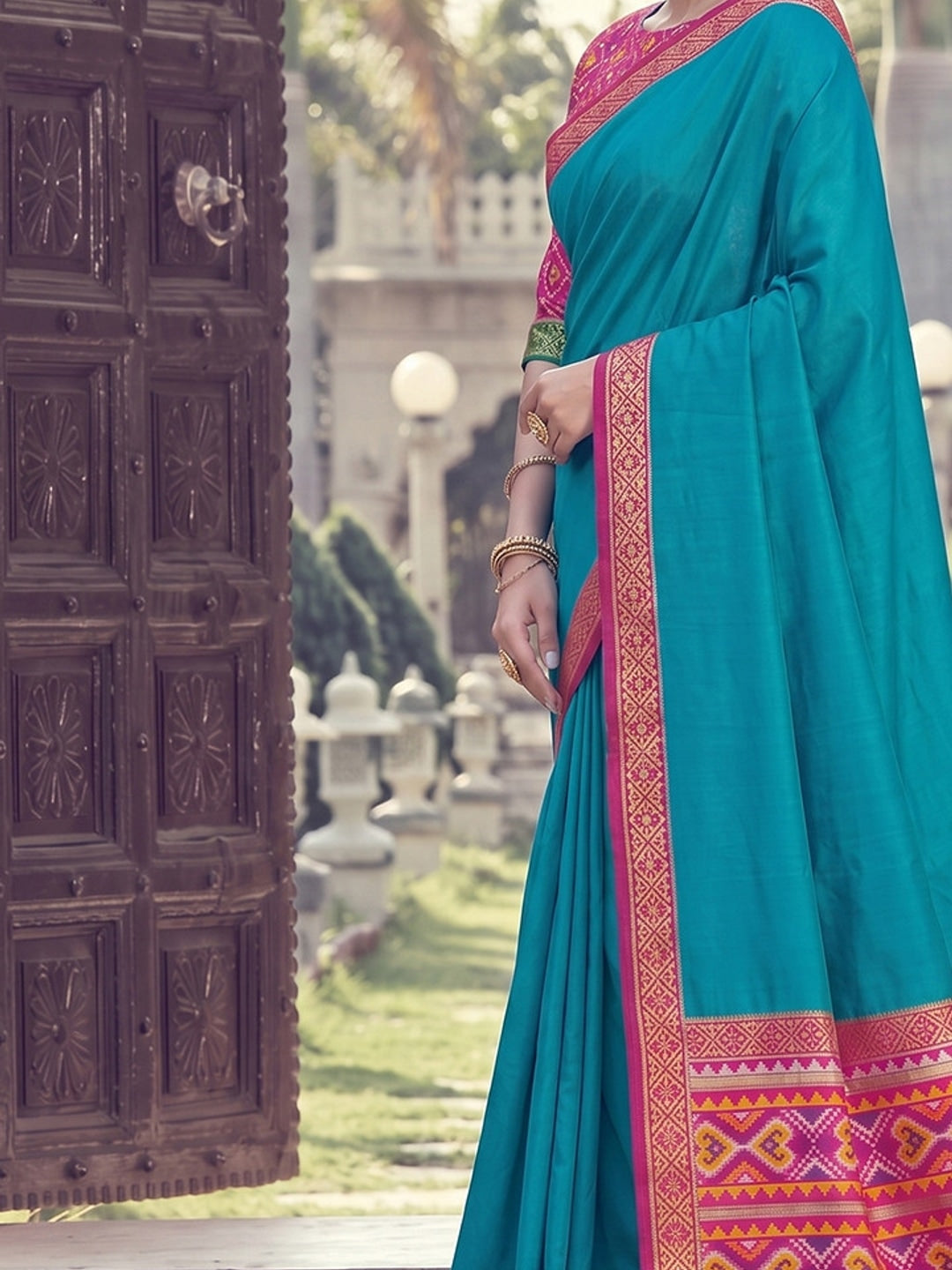 Peachmode Teal Silk Woven Saree - Image 5