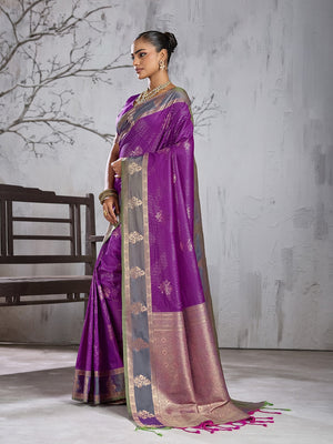Peachmode Purple Silk Woven Saree - Image 2
