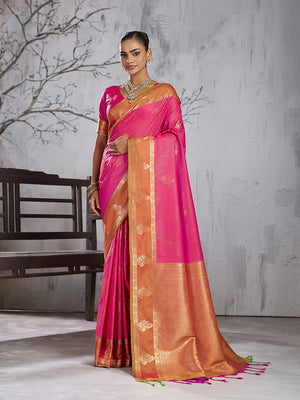 Peachmode Rani Pink Silk Woven Saree - Image 1
