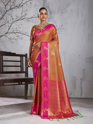 Peachmode Orange Silk Woven Saree - Image 1