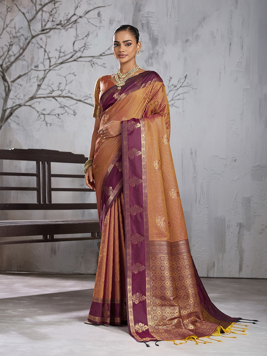 Peachmode Rust Silk Woven Saree - Image 1