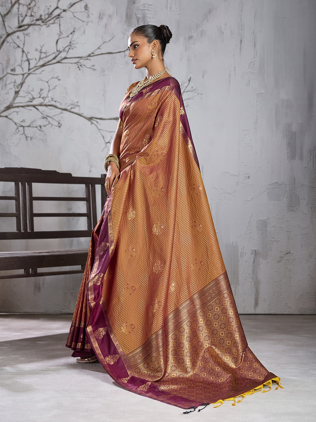 Peachmode Rust Silk Woven Saree - Image 2