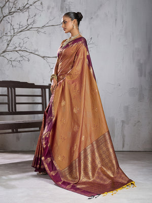 Peachmode Rust Silk Woven Saree - Image 2