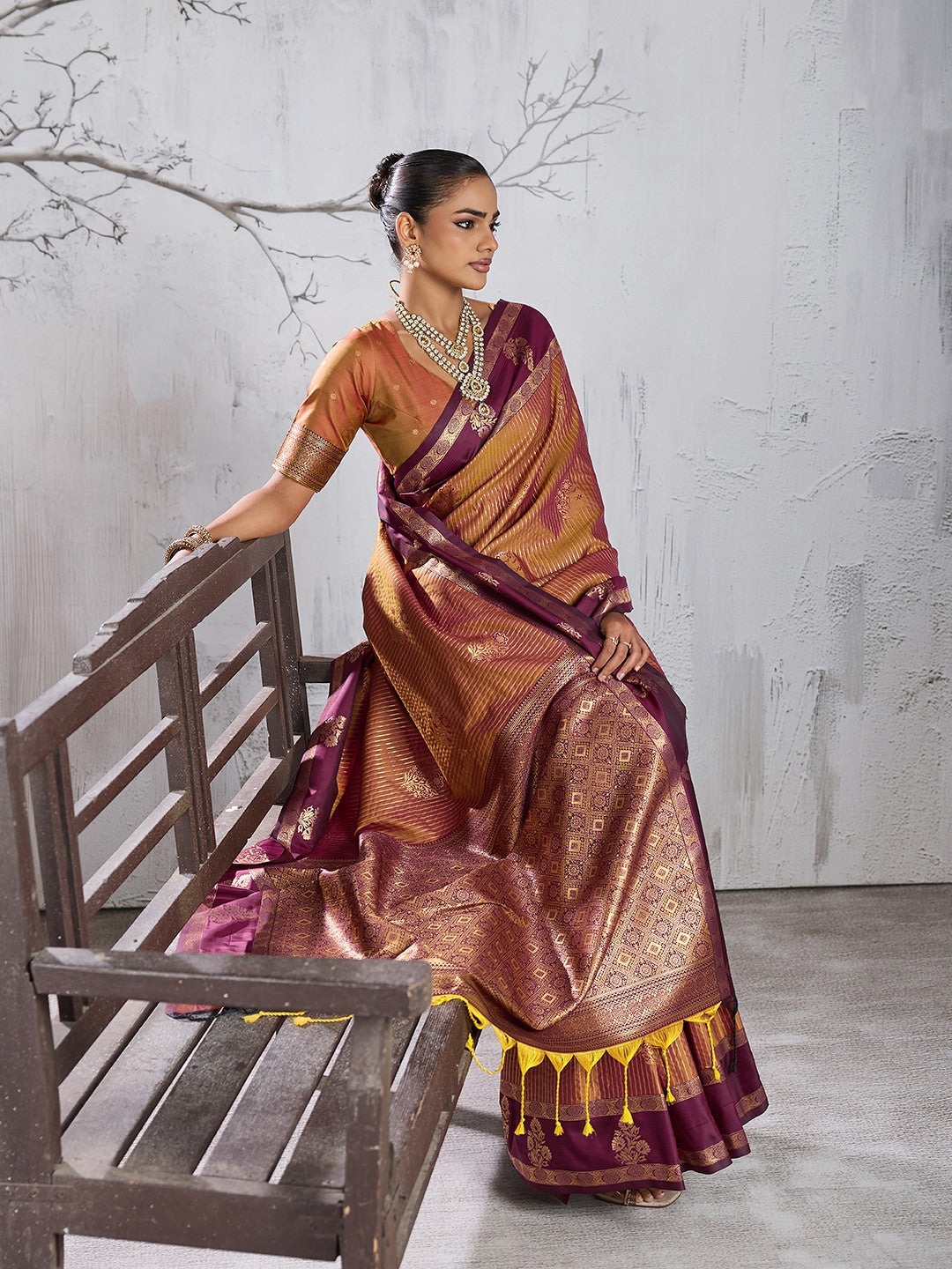 Peachmode Rust Silk Woven Saree - Image 4