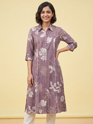 Peachmode Lavender Floral Print Viscose Blend Shirt Kurti - Image 1
