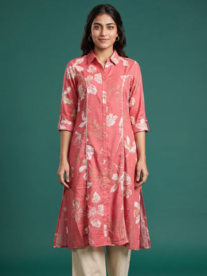Peachmode Pink Floral Print Viscose Blend Shirt Kurti - Image 1
