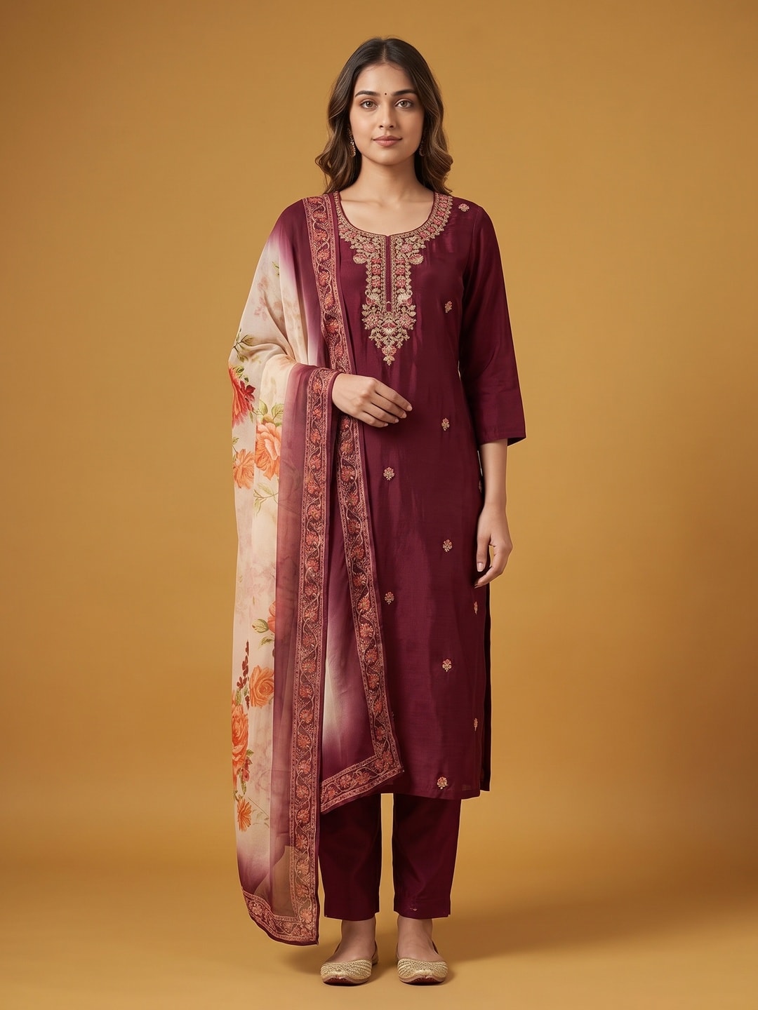 Peachmode Maroon Muslin Embroidered Yoke Salwar Suit With Floral Print Dupatta - Image 1