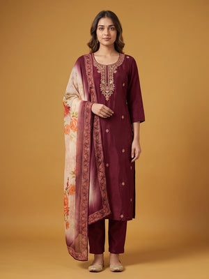 Peachmode Maroon Muslin Embroidered Yoke Salwar Suit With Floral Print Dupatta - Image 1