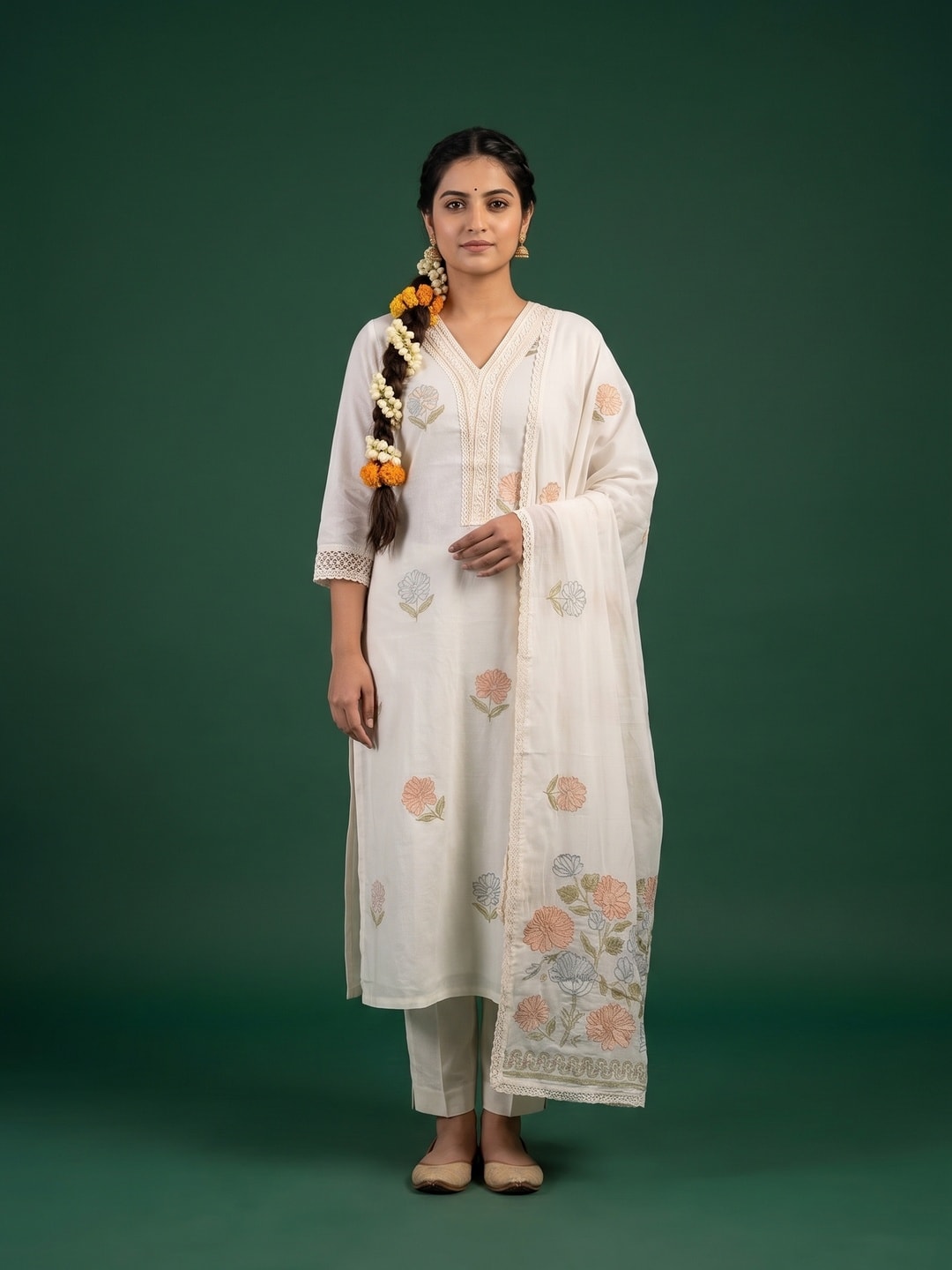Peachmode Ivory Mul Cotton Embroidered Salwar Suit - Image 1