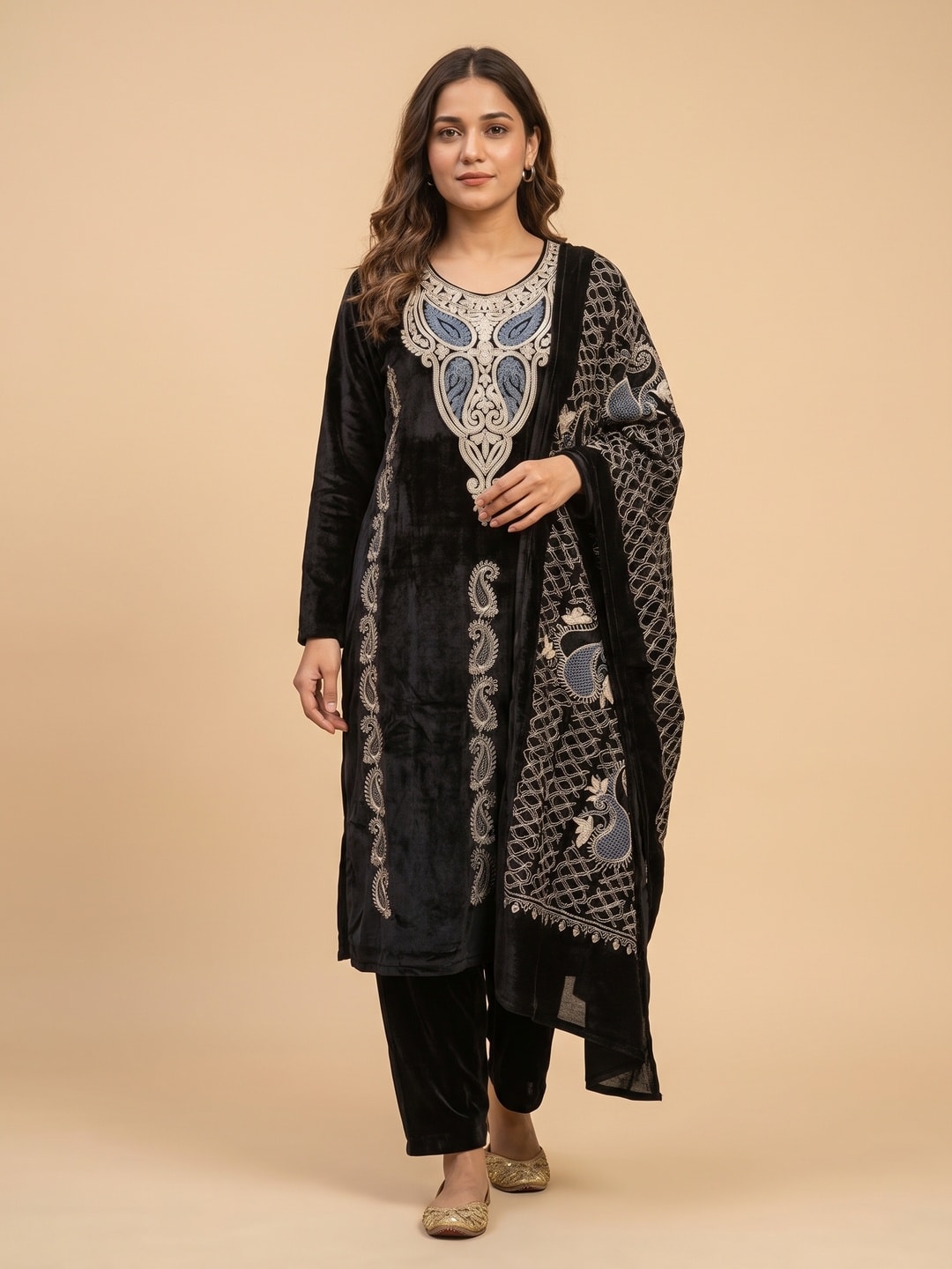 Peachmode Black Paisley Embroidered Velvet Salwar Suit with Dupatta - Image 1