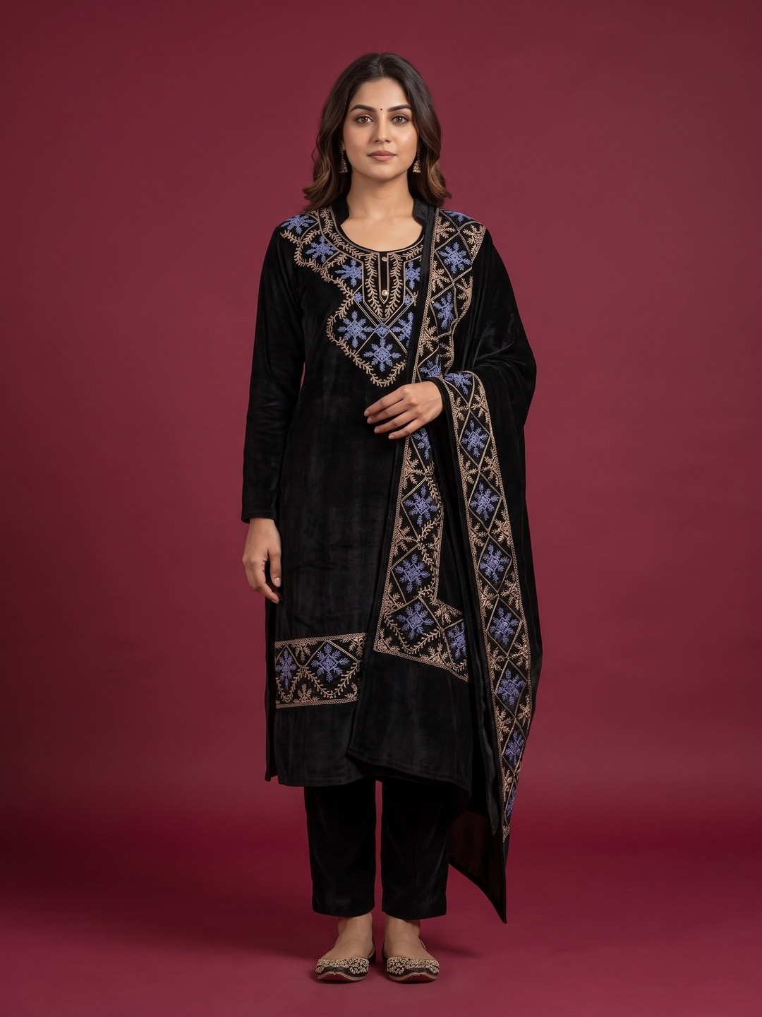 Peachmode Black Snowflake Embroidered Velvet Salwar Suit with Dupatta - Image 1
