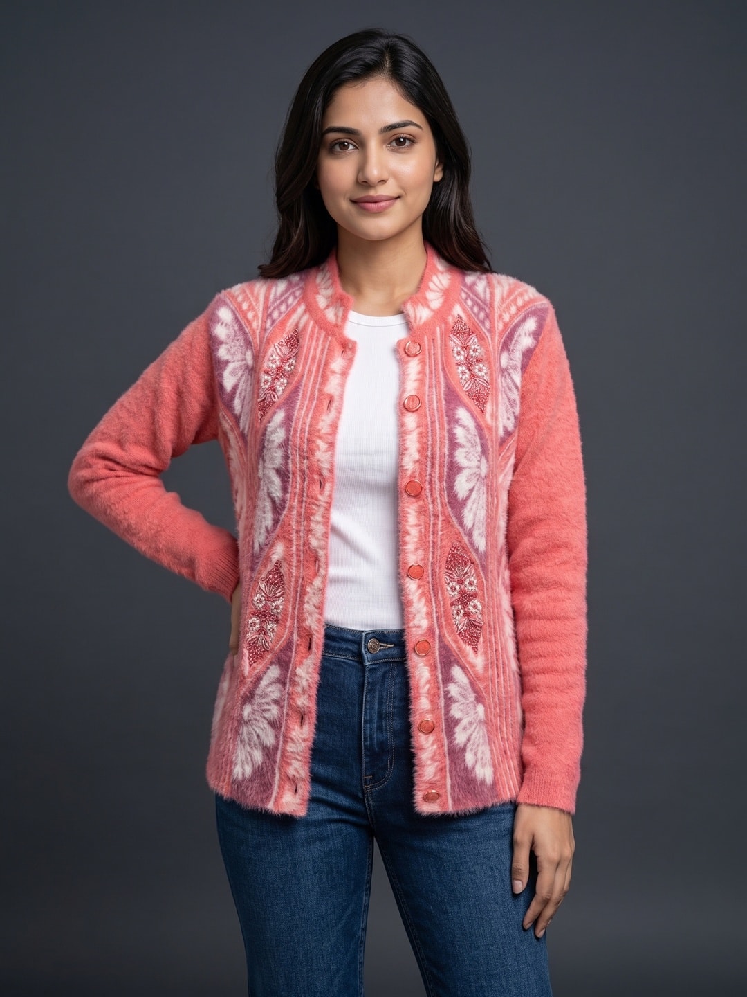 Peachmode Coral Woolen Embroidered Cardigan - Image 1