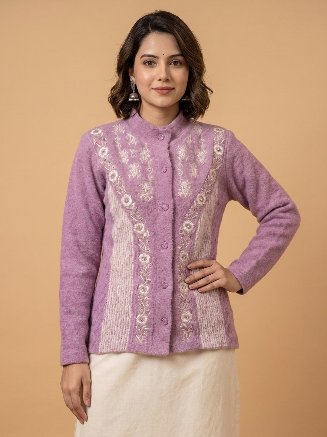 Peachmode Purple Woolen Embroidered Cardigan - Image 1