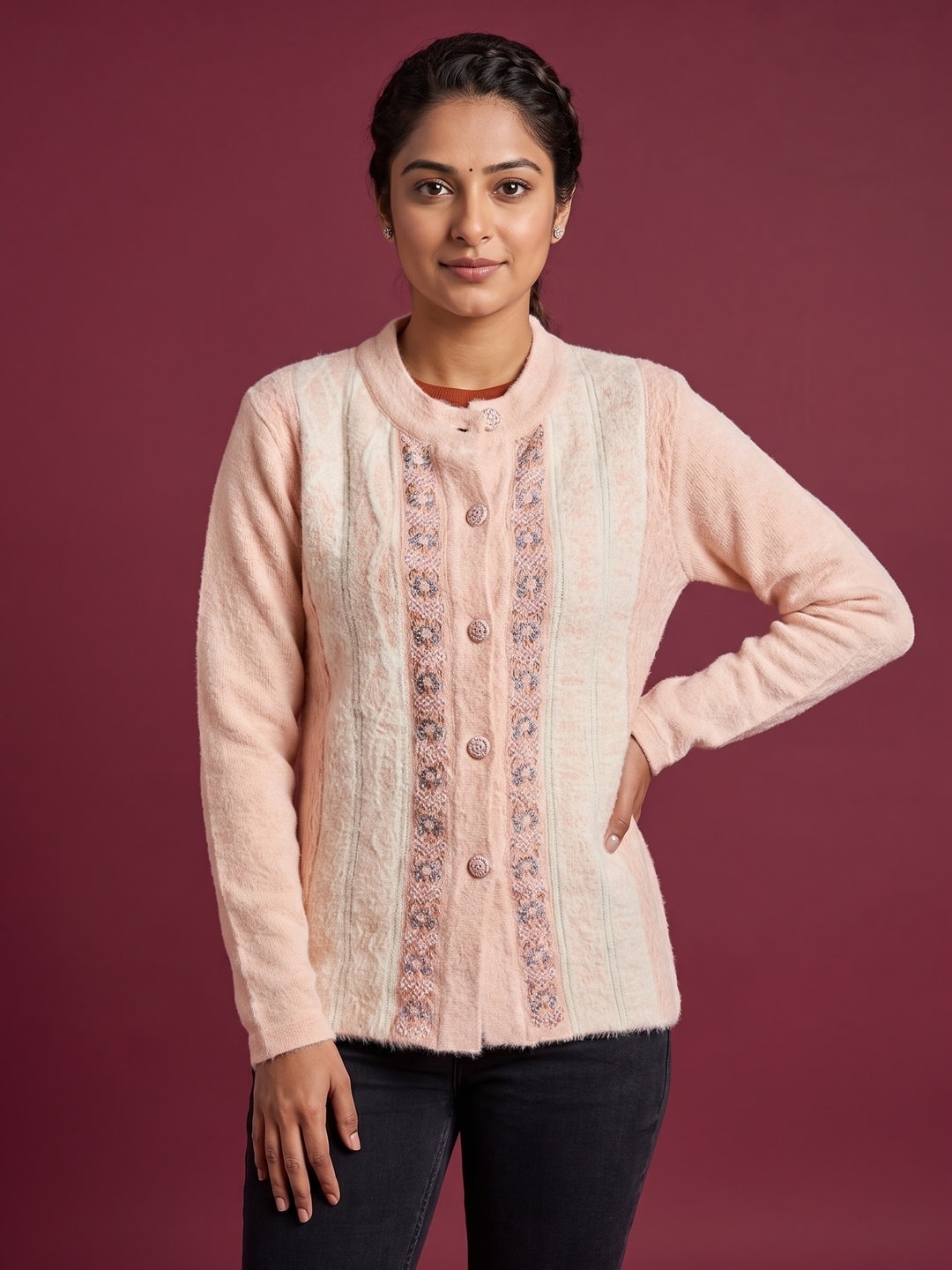 Peachmode Beige Woolen Embroidered Cardigan - Image 1