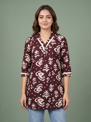 Peachmode Wine Ikat Print Rayon Top - Image 1