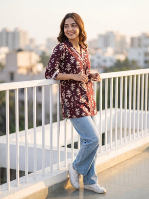 Peachmode Wine Ikat Print Rayon Top - Image 2