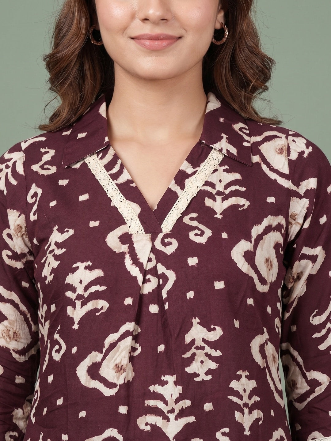 Peachmode Wine Ikat Print Rayon Top - Image 5