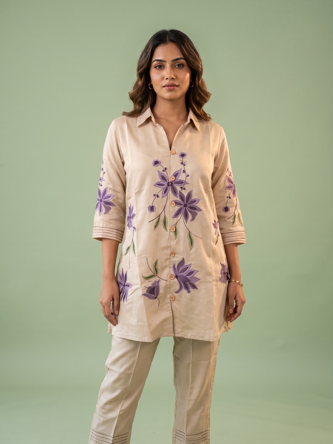 Peachmode Beige Viscose Blend Floral Embroidered Co-ord Set - Image 1