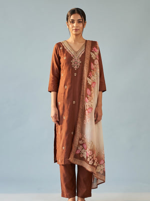Peachmode Brown Muslin Embroidered Yoke Salwar Suit - Image 1