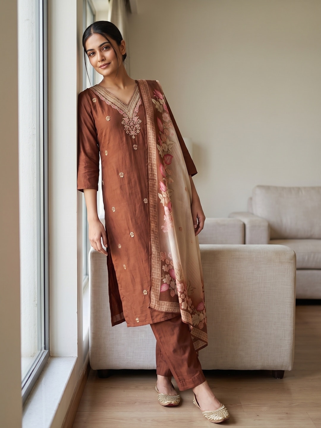 Peachmode Brown Muslin Embroidered Yoke Salwar Suit - Image 2
