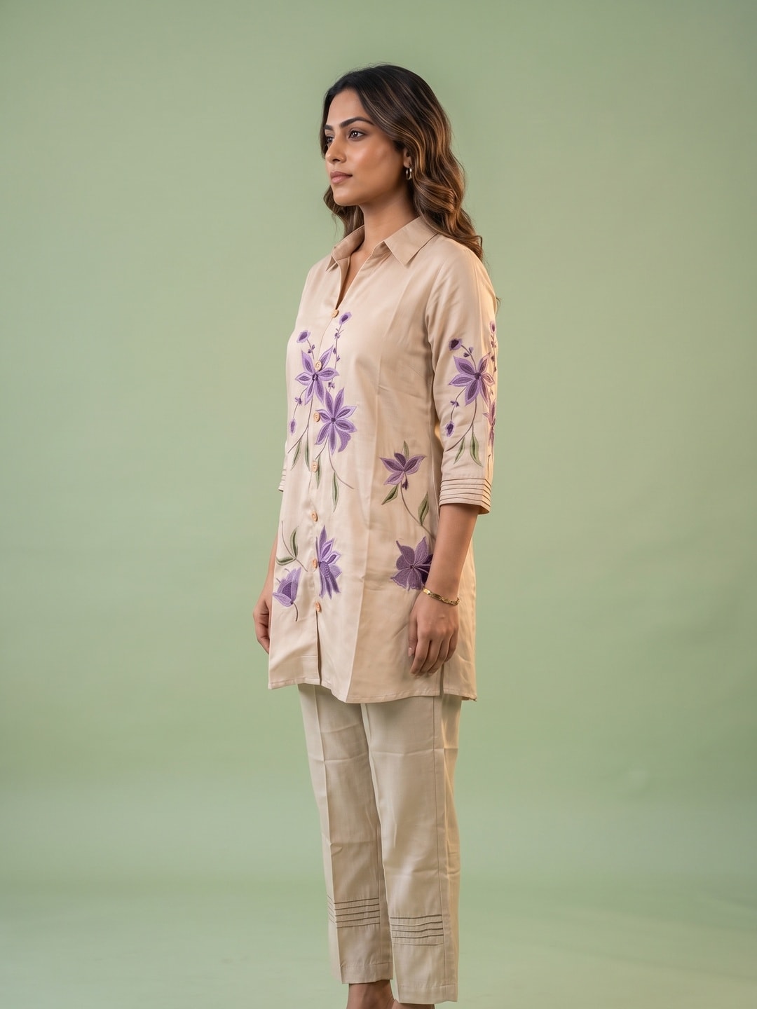 Peachmode Beige Viscose Blend Floral Embroidered Co-ord Set - Image 3