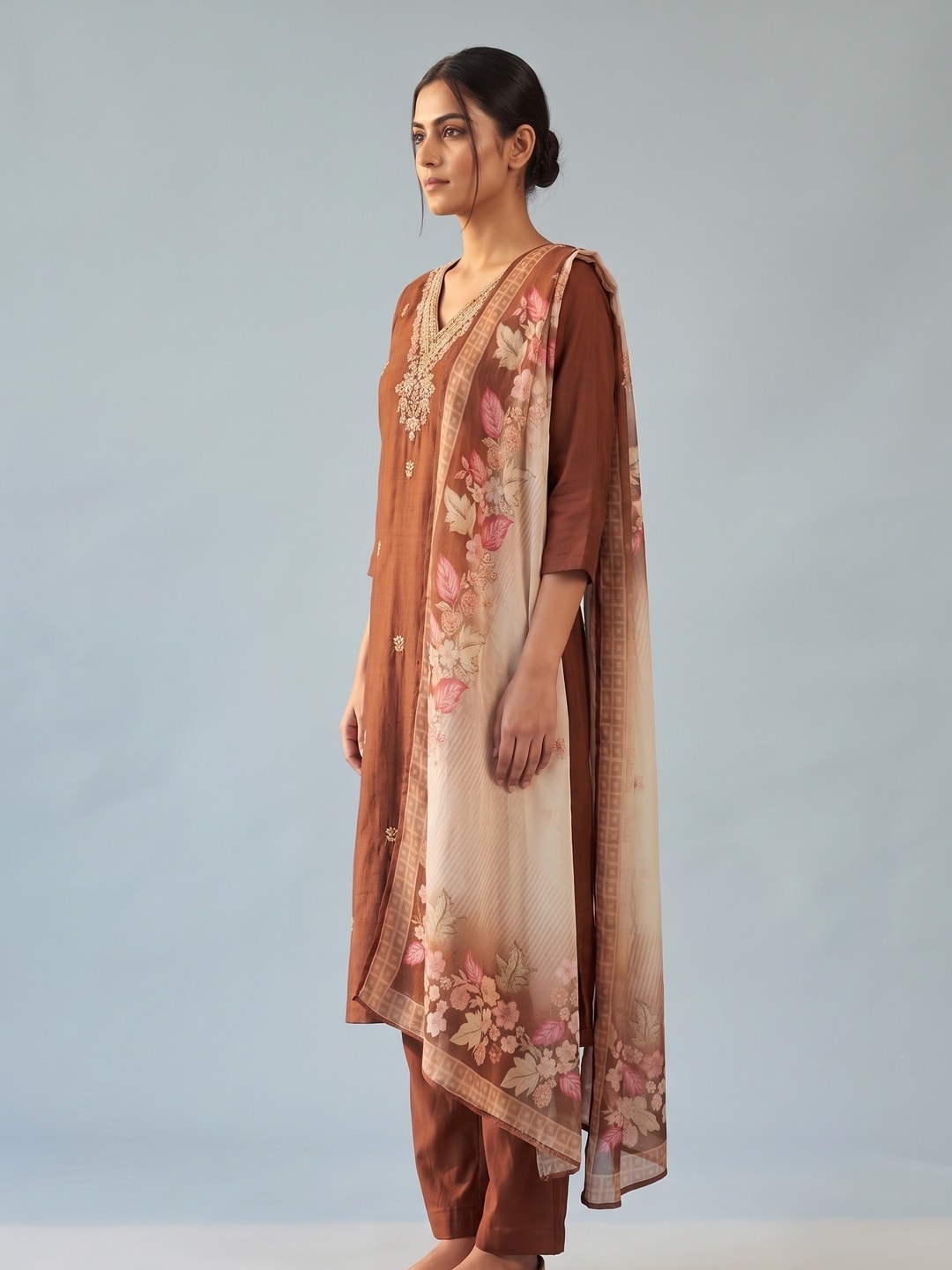 Peachmode Brown Muslin Embroidered Yoke Salwar Suit - Image 3
